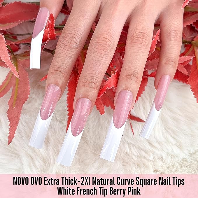 NOVO OVO Halloween XXL Sharp Square Slight Curved Nail Tips French Tip BERRY PINK, Full Cover Press on Acrylic, Extra Thick Soft Gel False Nail, NEED Builder Gel Top Coat Glue x 15 Sizes 150 pcs