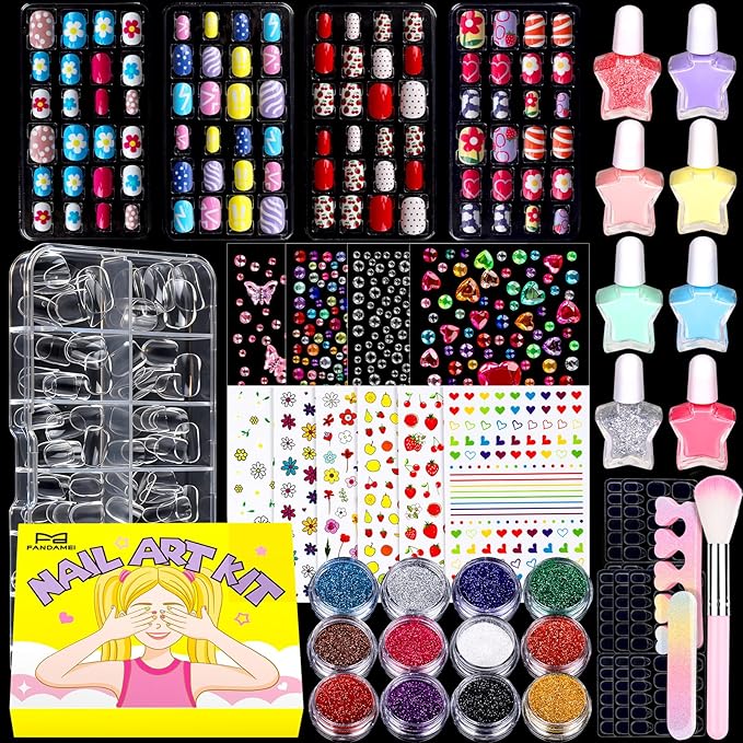 FANDAMEI Nail Kit for Girls, Press on Nails for Kids, Nail Polish Set for Girls, False Nail Tips for Kids, Nail Stickers for Kids, 3D Rhinestone Stickers Face Gems, Nail Glitter, Nail Art Tool Kit