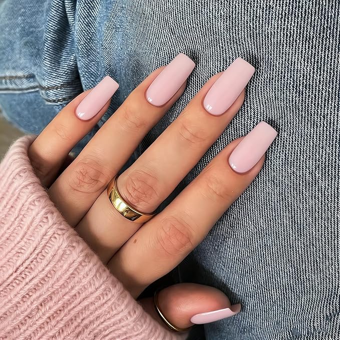 KQueenest Pastel Pink Press on Nails Long Medium Square, Dusty Pink Fake Nails Medium Coffin, Glossy Sheer Color Acrylic Nails Press ons, Reusable Soft Gel Glue on Nails for Women Summer