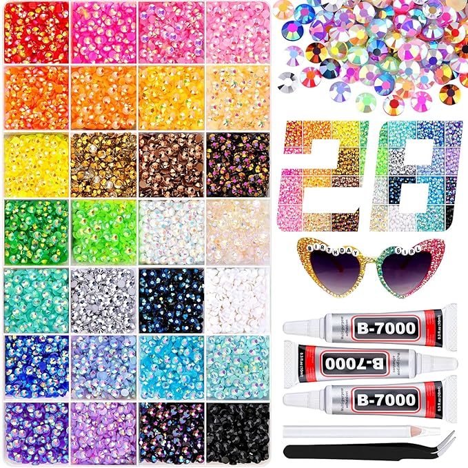 13000Pcs Resin Rhinestones with 3Pcs B7000 Jewelry Glue for Crafting, Multicolors 4mm Non Hotfix Flatback Gems, Bedazzling Crystal for DIY Crafts Clothing Tumblers Mugs Shoes Fabric Decor Nail Art