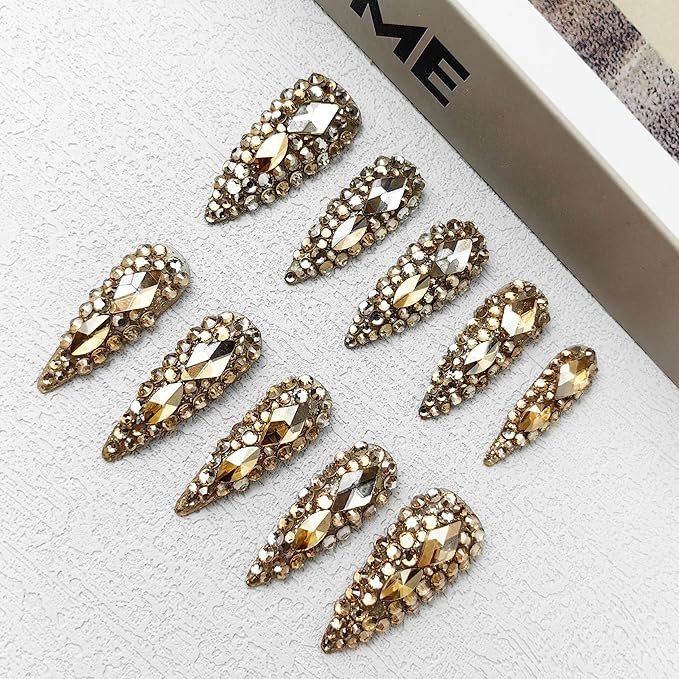 2025 New Full Diamond Medium Almond Press on Nails Reusable PMMA Acrylic Handmade Nails Full Deluxe 3D Crystal Fake Nails w/Box Gift for Women (Gold, Medium)