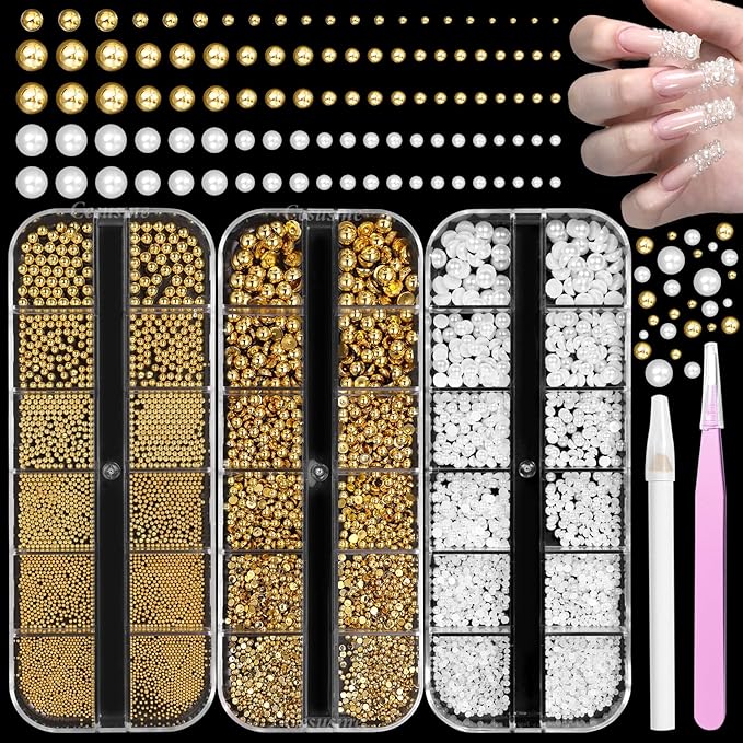 Caviar Beads for Nails, Gold White Pearls Nail Beads Charms, Mix Size Nail Caviar Beads Half Flatback Pearls for Nail, Nail Beads Charms for Nails Design DIY Crafts Accessories