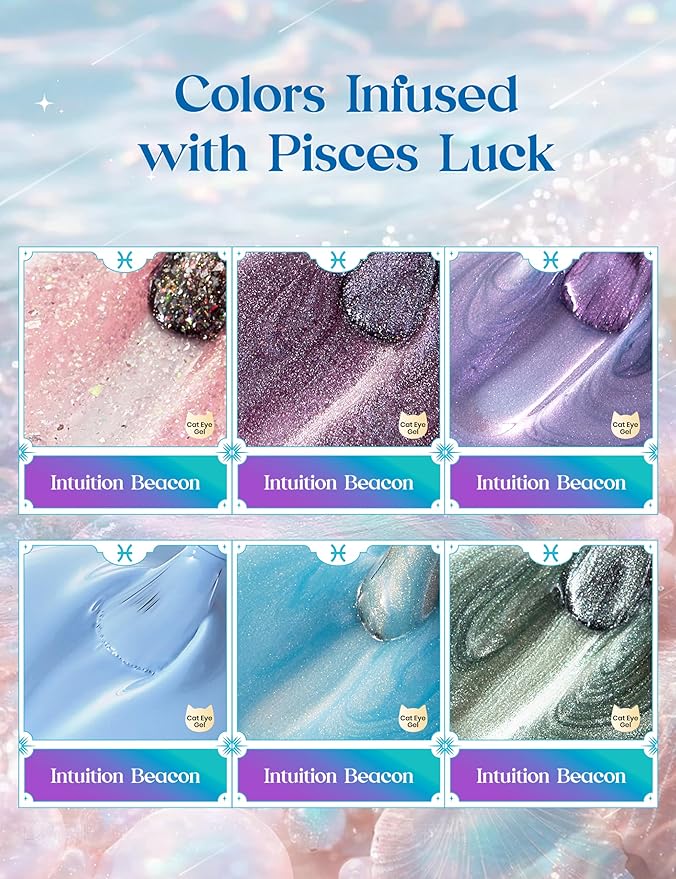 Beetles Pisces Fantasy Lucky Box, Pisces Zodiac Gel Nail Polish Kit Blue Purple Green Pink Colors, All-in-One Nail Art Set with Tools, Necklace Badge, Salon DIY Zodiac Gift for Women