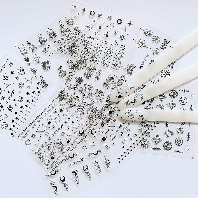NAIL ANGEL 24 Sheets Nail Art Black Sticker Moon and Star Universal Flower Shapes Different Patterns Mix Sticker Sheets 10056