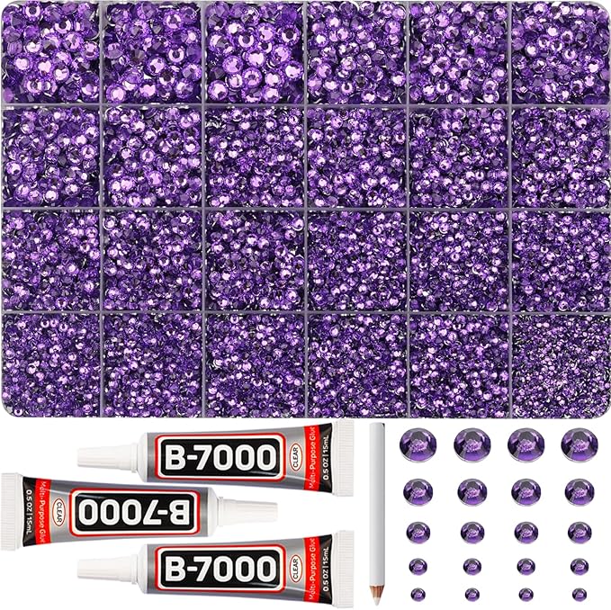 31000Pcs Lavender Resin Rhinestones for Bedazzling, 2-6mm Mixed Sizes Flatback Gems Crystal Jewels Diamonds Gemstones Stones with B7000 Glue for Crafting Clothes Crafts