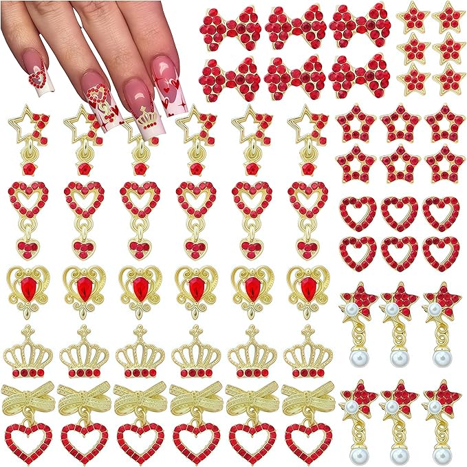 60PCS Nail Charms and Gems Red Rhinestones for Nails Design，3D Heart Star Crown Bow Y2k Nail Jewels Bulk Nail Art Decor Set