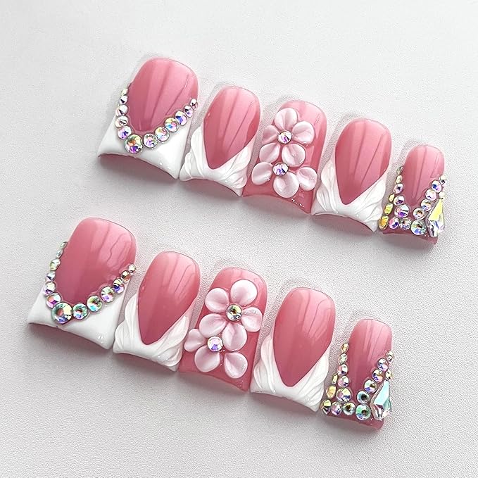 Luxury Press on Nails Short Duck Handmade 3D Unique Reusable ABS Material Fake Nails French Tip False Nails with Designs Flower Rhinestones White Glossy Glue on Nail Thick Acrylic Nail(S)