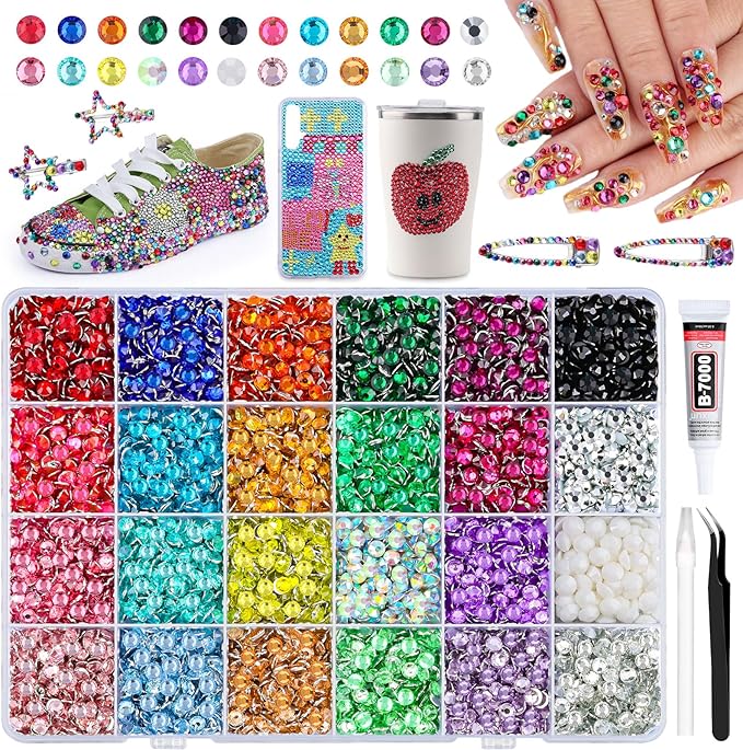 3600Pcs 6mm Resin Rhinestones for Bedazzling, Pink Red Black Flatback Gems for Crafting, Bedazzler Kit with Rhinestones Tools & B7000 Jewelry Glue for DIY Clothing Shoes Tumblers Fabric Mugs Bags