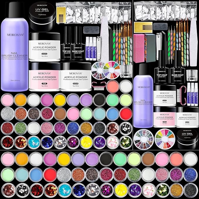 Morovan Acrylic Nail Kit - 3 Colors Acrylic Powder and 42 Colored Acrylic Powder with Everything Acrylic Nail Brush Nail Tips Nail Art Supplies for Acrylic Nails Extension Beginner kit