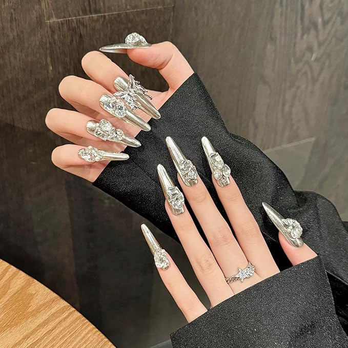 Handmade Press on Nails Stiletto Full Diamond Butterfly Metal Decoration on Long Pointed Magic Mirror Silver Sweet and Cool Retro Handmade Stiletto Press on Nails 3D Luxury Press on Nails（L）