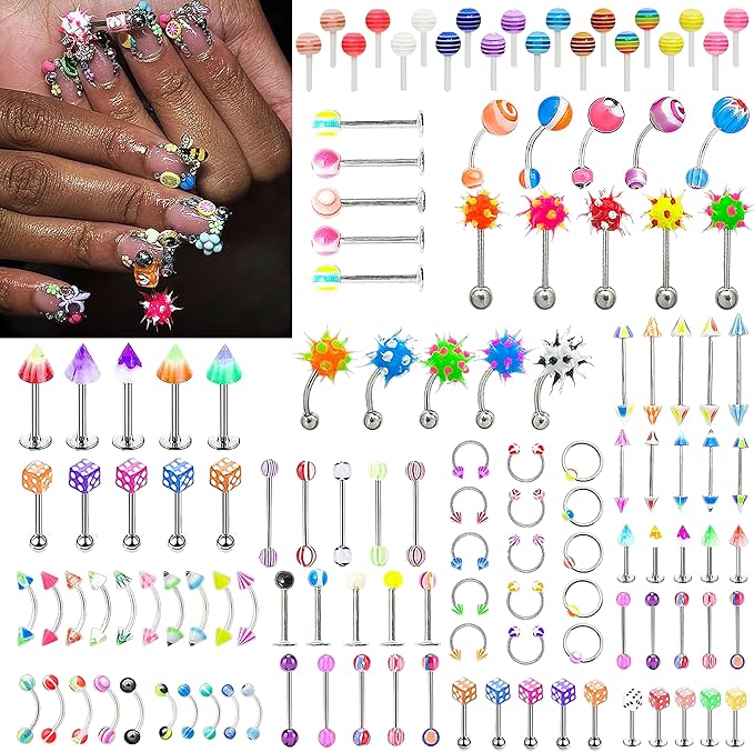 130Pcs Nail Art Piercing Stud,Lollipop,Rings, Pom-poms, Dice, Cones,for women, girls Nail Decorations DIY Craft
