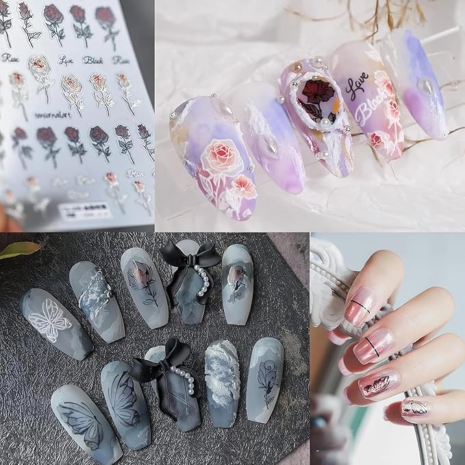 Dedyel Rose Nail Art Stickers 3D Floral Nail Decals Valentine Bridal Nail Art, Rose Design Self-Adhesive Nail Stickers for Women Girls DIY Nail Decoration