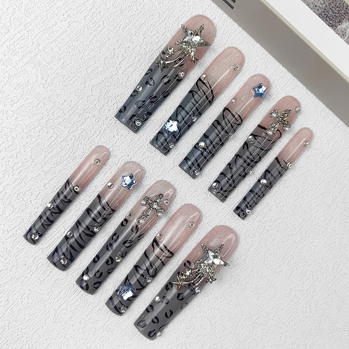 2025 Handmade Long Nails Reusable PMMA Acrylic Press on Nails Striped Gradient With Rhinestones Reusable Full Coverage Fake Nails Handmade Nails Ladies Fake Nail Set (Gradual Change, M)