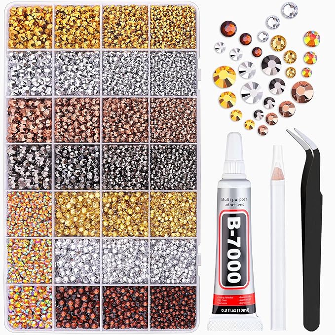 20000Pcs Metallic Rhinestones for Bedazzling with 1Pcs B7000 Jewelry Glue, Resin Rhinestones for Crafting Crafts DIY, Bedazzler Kit Gems for Clothing Shoes Tumblers Nail Art Assorted Size 3/4/5/6mm