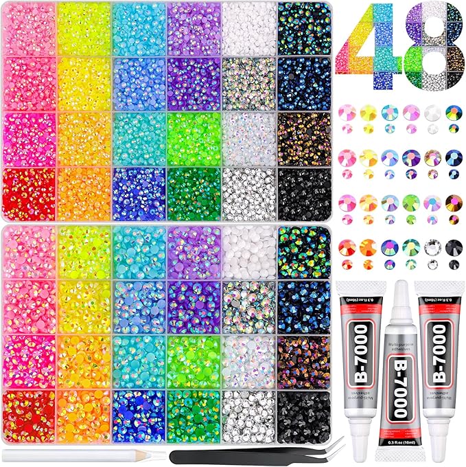 26000Pcs Resin Rhinestones for Bedazzling Kit, 2 Boxes Multicolor 3mm&5mm Bedazzled Crystal, Flatback Gems with 3Pcs 10ml B7000 Jewelry Glue for DIY Crafts Clothing Nail Art Makeup