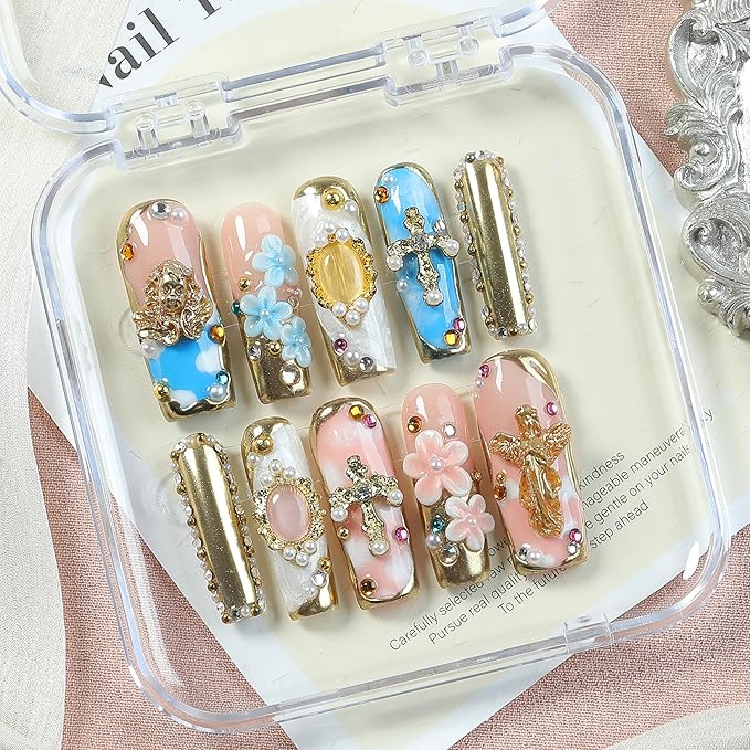Handmade Luxury Blue Mirror Gold Press On Nails 10pcs, Opulent Acrylic Square Tips with 3D Floral Art, Gemstone & Pearl Embellished Design, Premium Full Cover Nails for Weddings & Parties – Appife