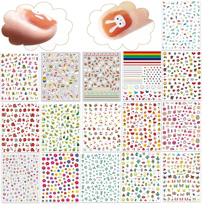 New 16 Large Sheets Nail Stickers for Women Kids Teens Little Girls Self Adhesive Nail Decals for Nail Art Decoration Include Flowers Butterfly Plants Leaves Fruits Rainbow Animals and More