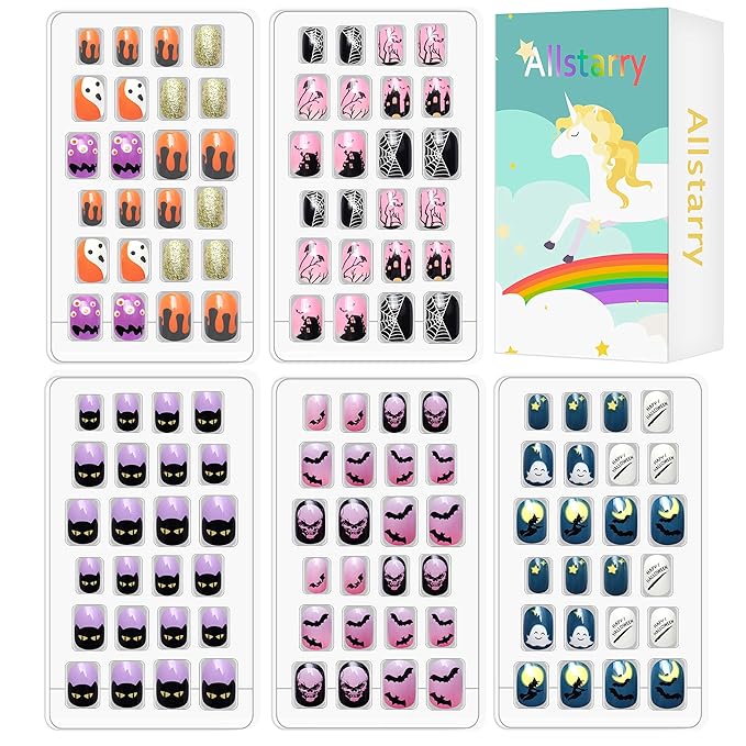 Allstarry Kids Halloween Nails, 120pcs 5pack Children Press on Nails Pre-glue Full Cover Glitter Gradient Color Rainbow Short False Nail Kits Halloween Gifts for Kids Little Girls Nail Art Decoration