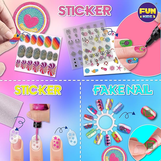Kids Nail Kit for Girls Ages 7-12, FunKidz Ultimate 315Pcs Nail Polish Pens Combo Pack Size 17.91Wx12.4L Glitter Temporary Nail Supplies for Teens SPA Makeup Kit