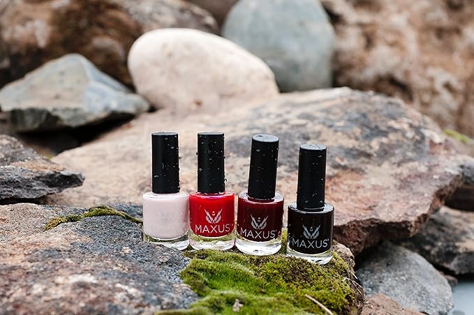 Maxus Nails Nail Polish Set - Non Gel Nail Polish Gift Box with Lasting Shine, Easy Removal, and Strengthening Benefits - 4 Classic Colors Nail Polish - Made in USA (9 Free and Vegan)