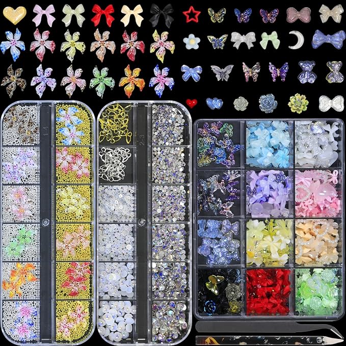 Nail Art Charms - 3D Flower Charms & Manicure Beads, Color Bow, Half Round Pearls, Flatback Rhinestones, Butterfly Nail Art Charms, with Kit, for Nail Art Supplies DIY Accessories