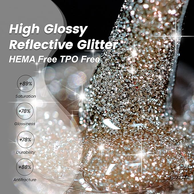 YTD Likomey Reflective Glitter Gel Nail Polish,15ml Champagne Gold Flash Diamond Shimmer Nails Gel,Sparkly Shiny Salon Home Fall Winter Manicure UV Color Varnish,SZ012
