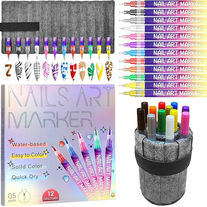 12 Colors Nail Art Pens Set, 2026 Upgrade Nail Art Markers with Portable Case, DIY Quick Dry Graffiti Pens, 3D Nail Polish Pens for Painting, Gel Nails Art Drawing Tool
