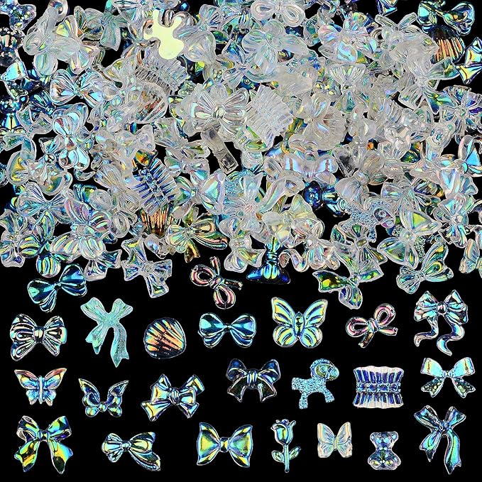 100 Pieces 3D Resin Butterfly Bear Nail Charms Rose Flower Peach Bow Snake Rabbit Animal Shaped Nail Art Rhinestones Pearls for DIY Nail Art Decoration Making Craft (Transparent AB)