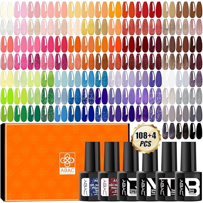 ABAC Gel Polish Kit - 112 Pcs Set with Base & Top Gel,108 Vibrant Colors for All Seasons Long-Lasting DIY Manicure Gift for Women & Nail Art Lovers (Pink,Orange,Blue,Green,Red)