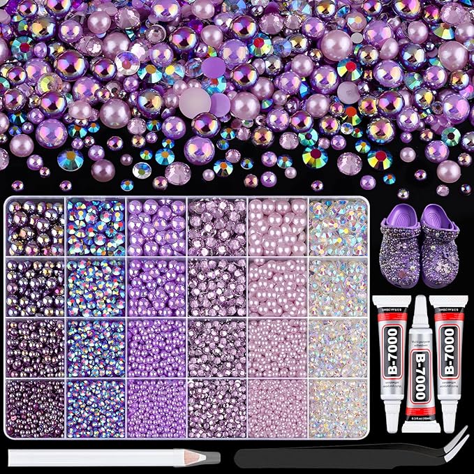 14000Pcs Flatback Pearls and Rhinestones for Crafting, Purple Series Mixed Size 3-8mm Resin Rhinestones and Half Pearls for Bedazzling, Nail Art and Decoration with 3pcs B7000 Jewelry Glue