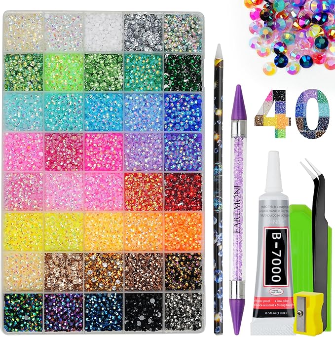 Resin Jelly Rhinestones for Bedazzling, EARLMONI Multi Colord Bedazzler Kit with 15ml B7000 Glue Rhinestone Pen Tool for Clothes Nail Art (40 Colors, 4MM)