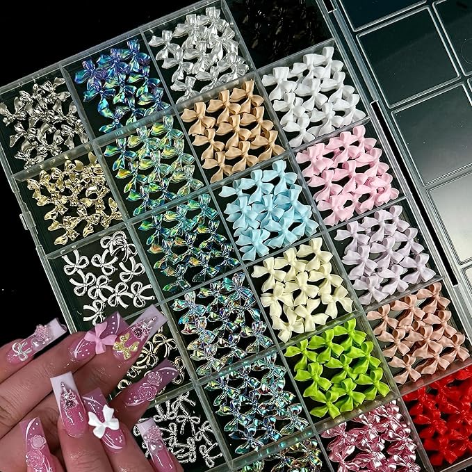 Kawaii Color Bow Nail Charms Kit, 3D Gold Silver Bows Nail Art Charms, Cute Pink Bowknot Charms for Nails Design DIY Decoration with Pickup Tools