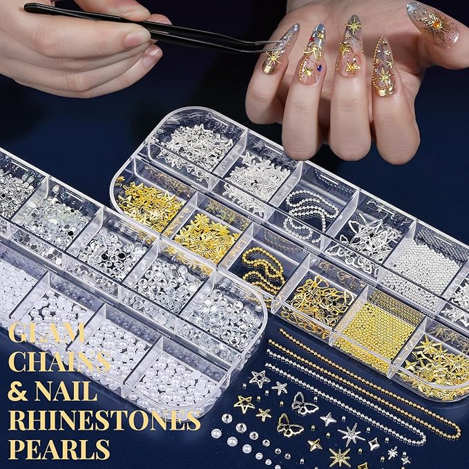 FANDAMEI Nail Art Brushes, Nail Art Kit with 15 Pcs Nail Art Brush, 5 Pcs Dotting Tools, 6 Box Nail Charms and Gems, 10 Flower Nail Stickers, Complete Nail Decoration Art with Nail Art Brushes Black