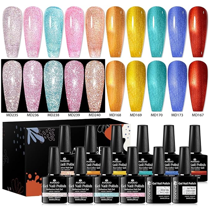 12Pcs Reflective Glitter Gel Nail Polish + Metallic Gel Nail Polish Set Gel Nail Art Manicure Kit 10 Colors