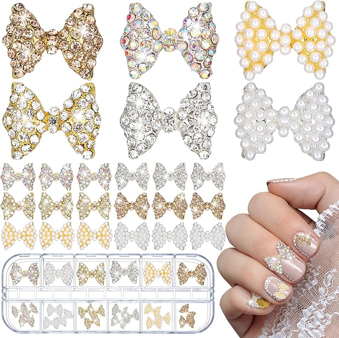 Maitys 24 Pieces Nail Bows Charms Rhinestones 3D Charms Alloy Pearl Bow Knot Accessory for Valentine's Day Women DIY Xmas Salon Jewelry Craft(Assorted Colors)