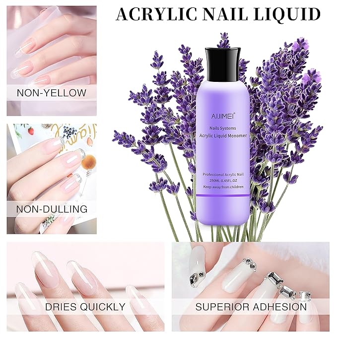 AIJIMEI Acrylic Liquid Monomer 250ML/8.5FL.OZ with Nail Brushes for Acrylic Powder Nail Liquid Monomer For Nails Powders & Liquids