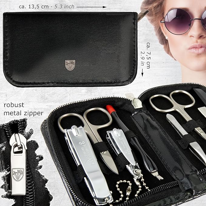 3 Swords Germany – brand quality 8 piece manicure pedicure grooming kit set for professional nail care with synthetic leather case black - Made in Germany
