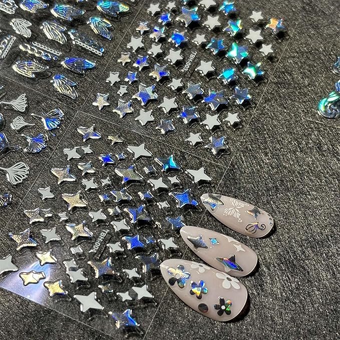 3000Pcs 60 Sheets Silver Nail Art Stickers Silver Aurora Nail Stickers Decals 3D Self-Adhesive Star Flower Nail Decals for Women Girls Salon Home DIY Manicure Nail with Tweezers Included…