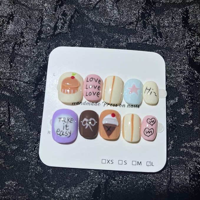 Short Press on Nails Handmade Nails 10Pcs Cute Style Manual Nail Art Candy Love Fake Nails for Women Party Holiday Photo 2.5CM Size L