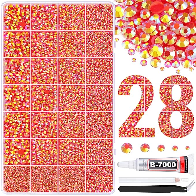 30000Pcs Resin Rhinestones for Bedazzling with B7000 Jewelry Glue, Red AB Flatback Gems Rhinestones for Crafting, Clothing Tumblers Mugs Shoes Fabric Decor Nail Art