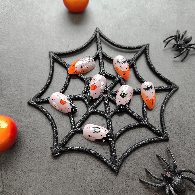 Halloween French Tip Press-on Nails With Cute Ghost & Pumpkin Pattern - Yellow and Black Acrylic Full Cover Almond Nails for Women - 24Pcs