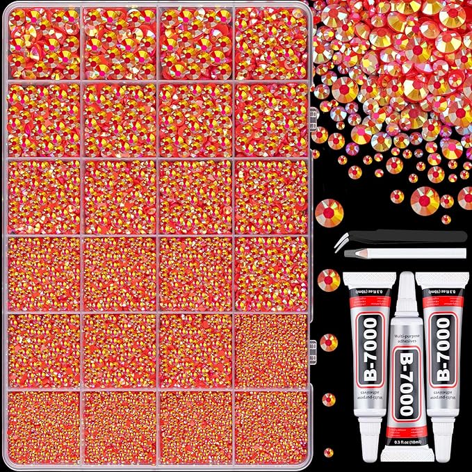 25000Pcs Resin Jelly Rhinestones with Tweezers for Crafting, Red AB Flatback Gems, Bedazzling Crystal with 3Pcs 10ml B7000 Jewelry Glue for DIY Crafts Clothing Tumblers Shoes Fabric Nail Art