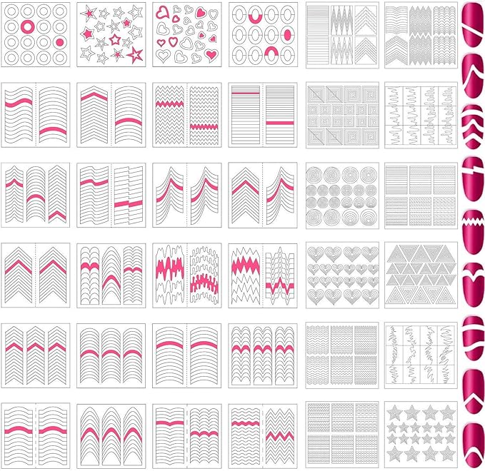 1275 Pieces 49 Patterns Designs Nail Art Stencils French TIp Guides, Self-Adhesive Manicure Art Stickers Form Fringe Guides Vinyl, 36 Sheets