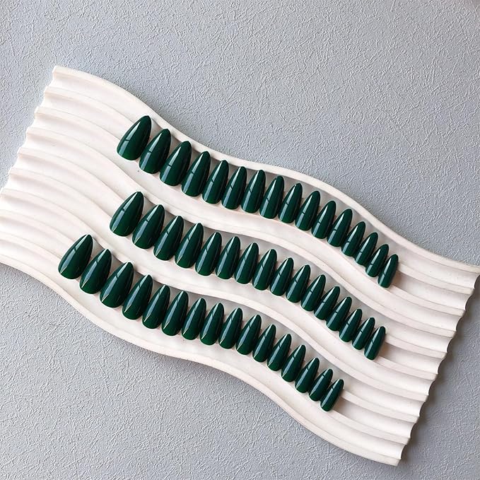 Dark Green Press on Nails Almond Shaped 48Pcs Neutral Thick Fake Nails for Women, Medium Almond Nails Press on Reusable Acrylic Nails Glue on Medium Length Stiletto False Nails Gel Artificial Nails