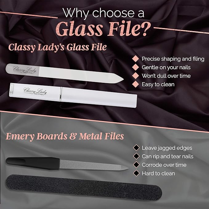 ClassyLady Glass Nail File - Crystal Nail File, Filing Board for Professional Fingernail Care and Smooth Precise Filing, Easy to Clean - Blue with case