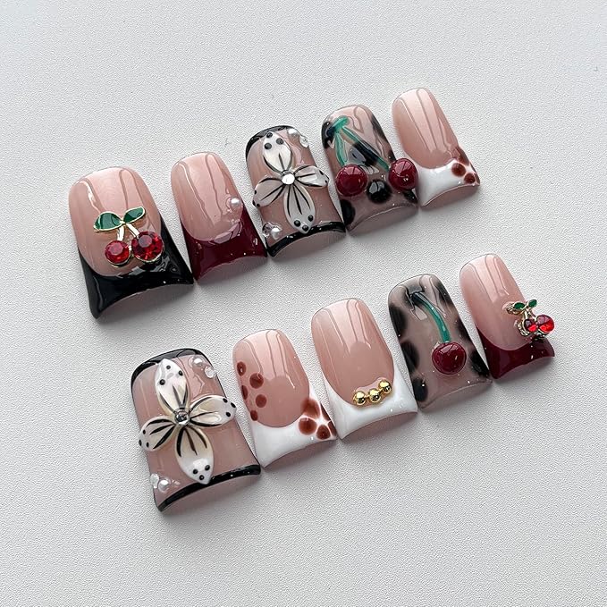 French Tip Press on Nails Handmade Short Duck 3D Floral Thick Acrylic Nails False Nails with Flower Rhinestones Pearls Cherry Tortie Designs Glossy Fake Nail Sturdy Art Press on Nail 10Pcs(S)