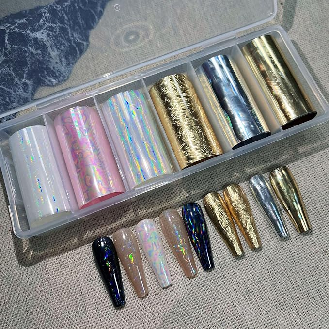 DANNEASY 12 Rolls Aurora Nail Art Foil Transfer, Iridescent Nail Foil Wraps Laser Gold Metallic Nails Stickers Starry Sky Holographic Nail Foils Design for Women Nails Supplies