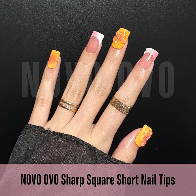 NOVO OVO Sharp Square Short Nail Tips Press on, Natural (Not Sculpted) No C Curve Soft Gel Double Matte Clear Fake Nail Extension, Full Cover False Nails for Salon DIY Manicure x 15 Sizes 510 pcs