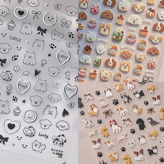 Dedyel Cute Nail Stickers 5D Embossed Cartoon Dog Kawaii Animal Self-Adhesive Nail Decals for Women Girls Kids Nail Art Decoration