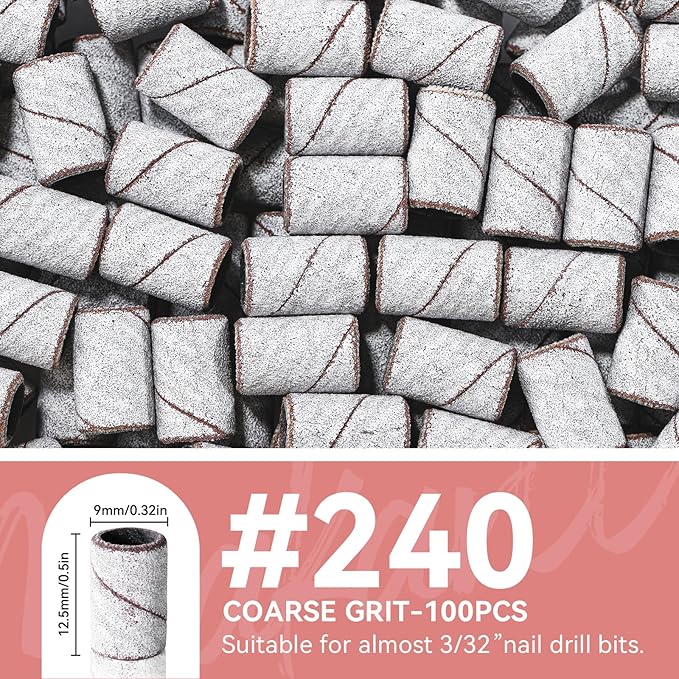 Makartt Sanding Bands for Nail Drill - 100 Pcs Nail File Sanding Bands for Drill Bits #240 Medium Grits for Acrylic Nails Gel Removing and Shaping, Upgrade Thicker Durable Sanding Drill Bit, White